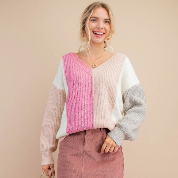 Ice Queen Pink Coloblock V Neck Sweater - Picture 7 of 8